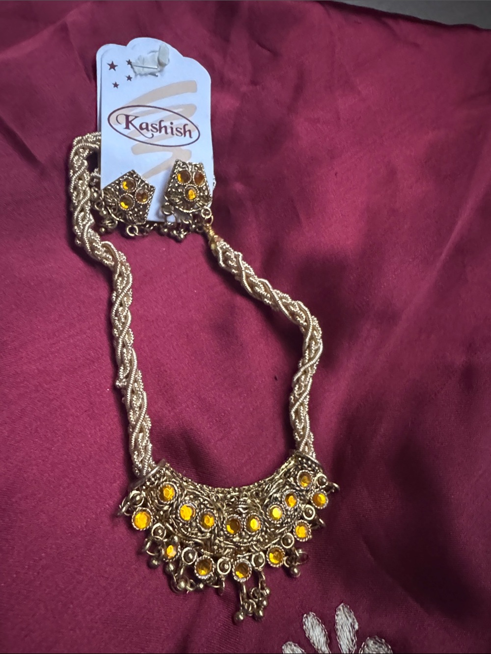 Ashish Gold Necklace with Yellow Stone Accents and Matching Earrings